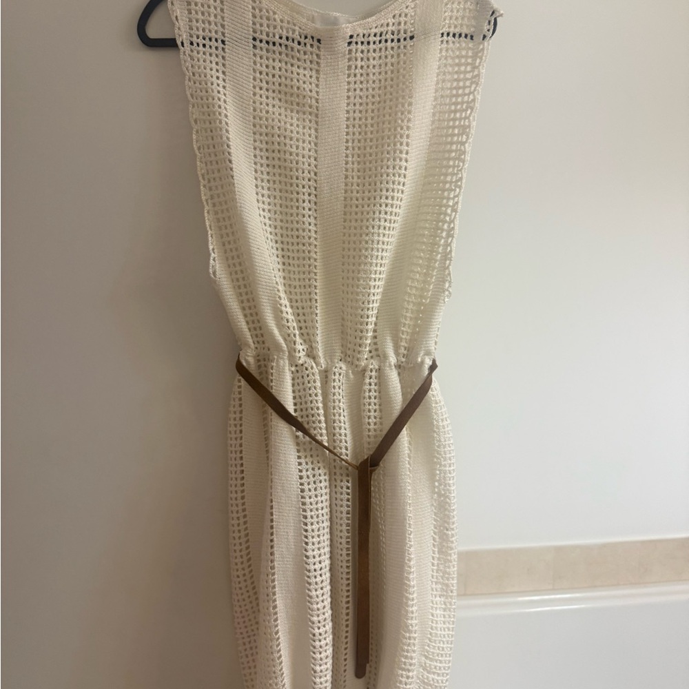 Zimmermann Cream Sleeveless Midi Dress with Brown Belt